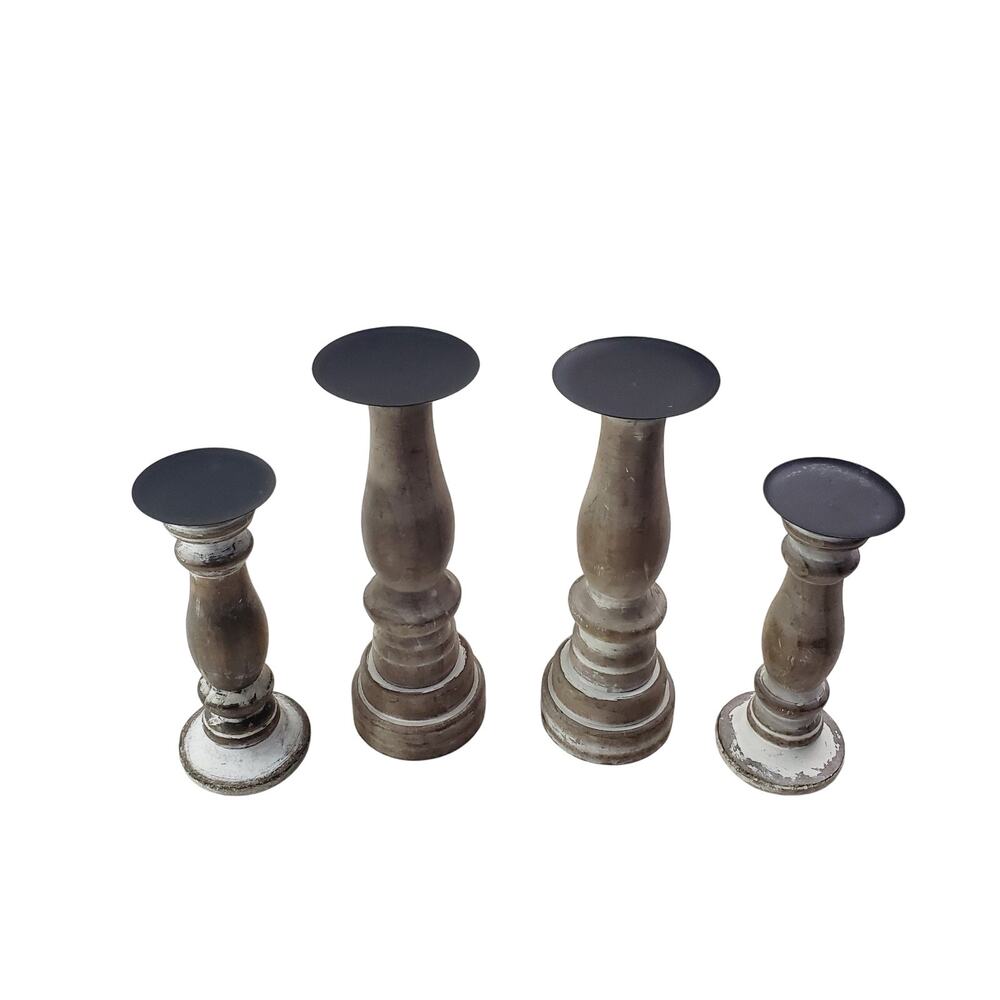 Pillar Whitewash Distressed Wood Candle Holders Set of 4 Farmhouse Decor Style - Picture 2 of 8